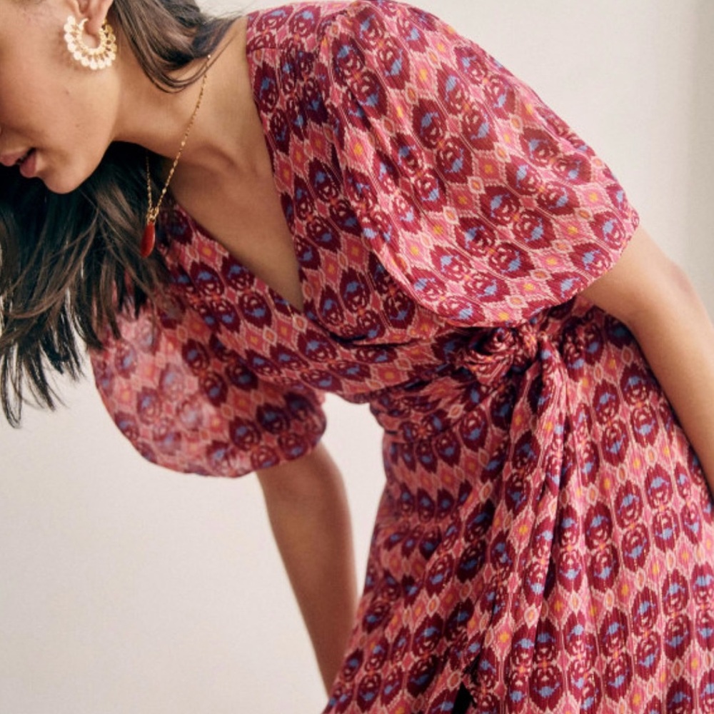 Sezane Calypso Ikat Bordeaux Maxi Wrap Dress Silk Blend